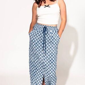 Lala Check Mate Textured Denim Maxi Skirt